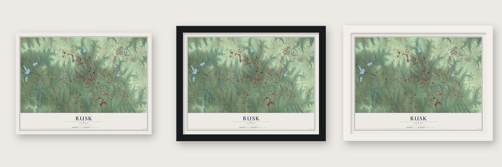 Rusk, Texas map unframed, in a black wood frame and in a white wood frame