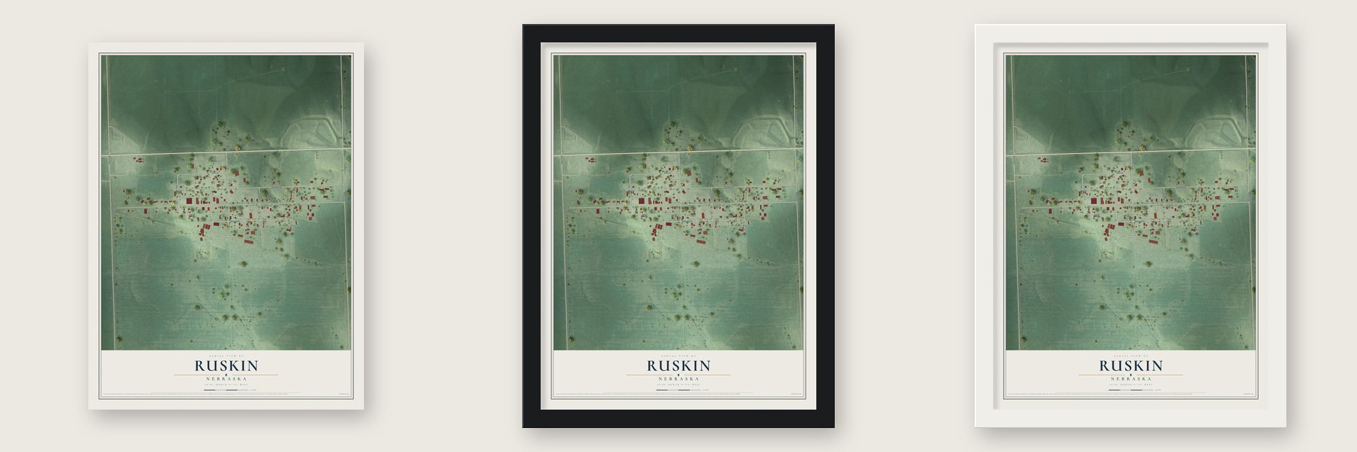 Ruskin, Nebraska map unframed, in a black wood frame and in a white wood frame