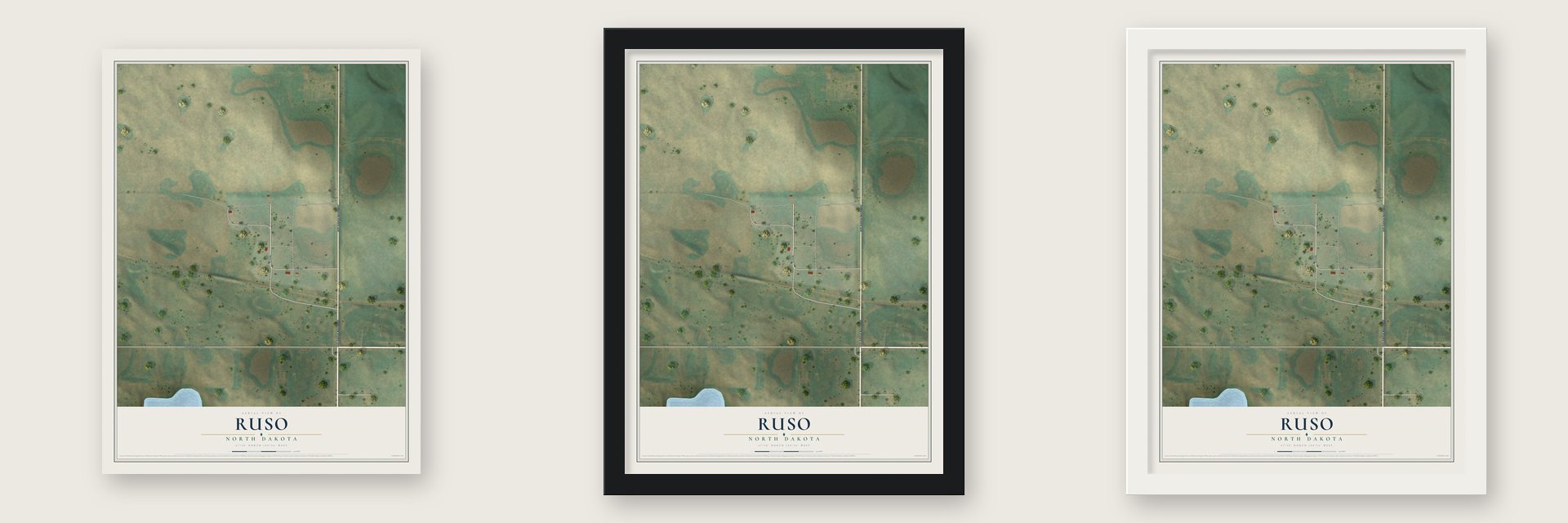 Ruso, North Dakota map unframed, in a black wood frame and in a white wood frame