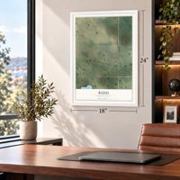 Ruso, North Dakota map, 18 x 24 inch print in a white frame in a home office