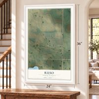 Ruso, North Dakota map, 24 x 36 inch print in a white frame by a staircase