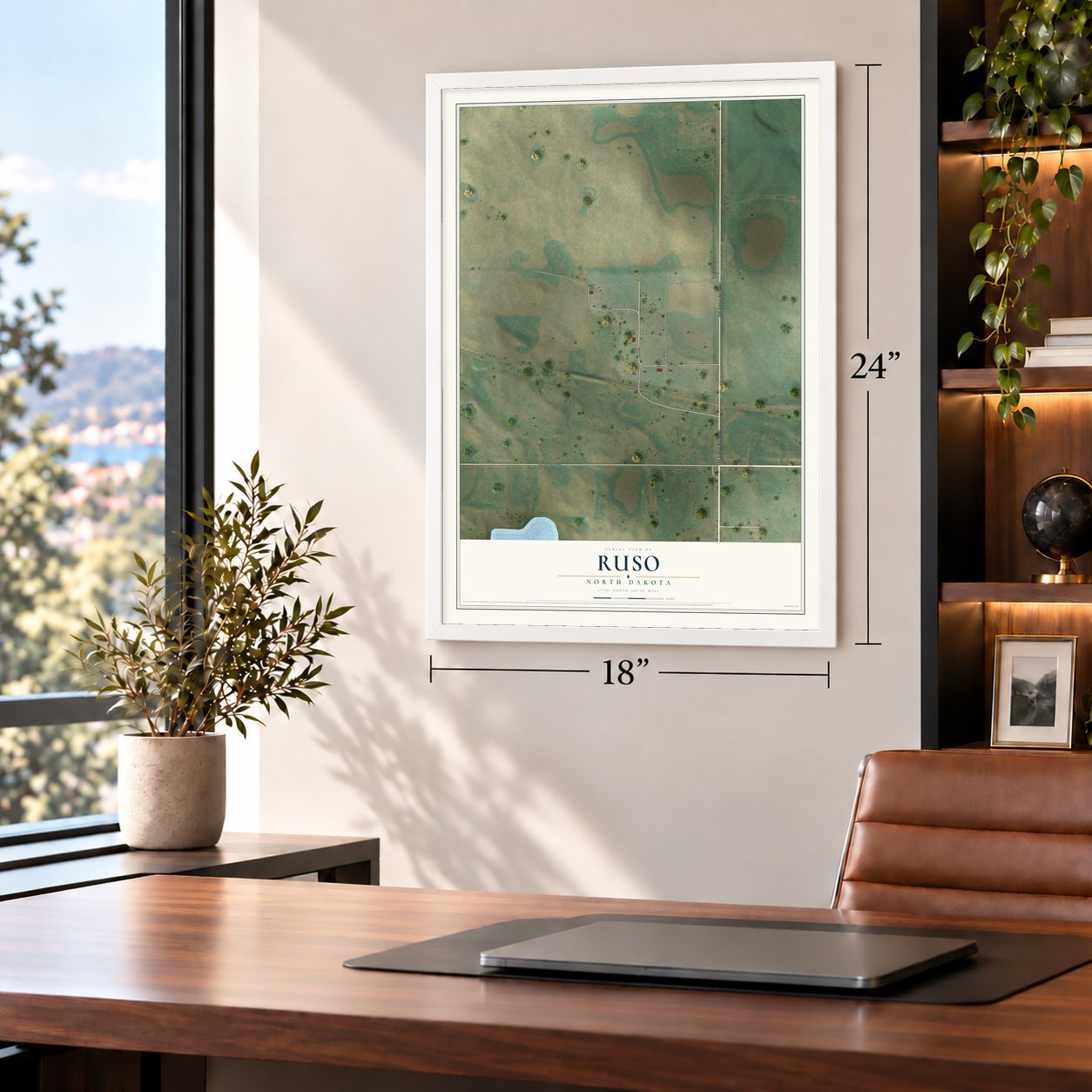 Ruso, North Dakota map, 18 x 24 inch print in a white frame in a home office