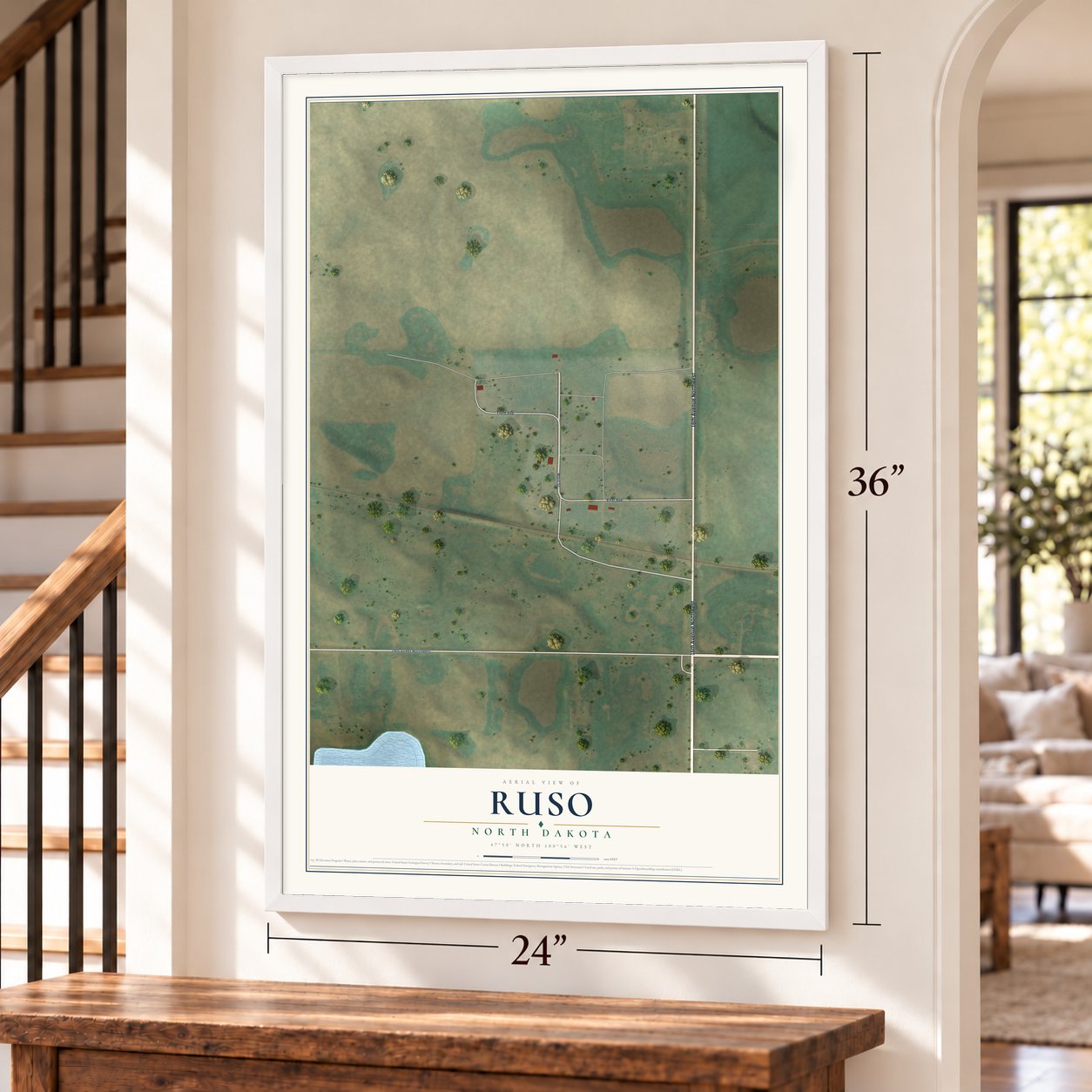 Ruso, North Dakota map, 24 x 36 inch print in a white frame by a staircase