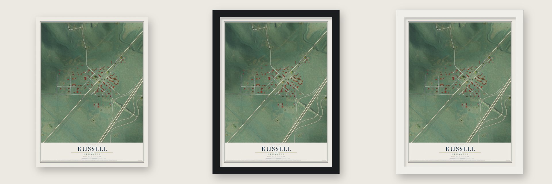 Russell, Arkansas map unframed, in a black wood frame and in a white wood frame