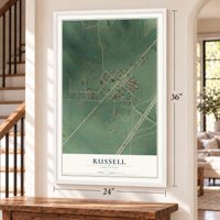 Russell, Arkansas map, 24 x 36 inch print in a white frame by a staircase