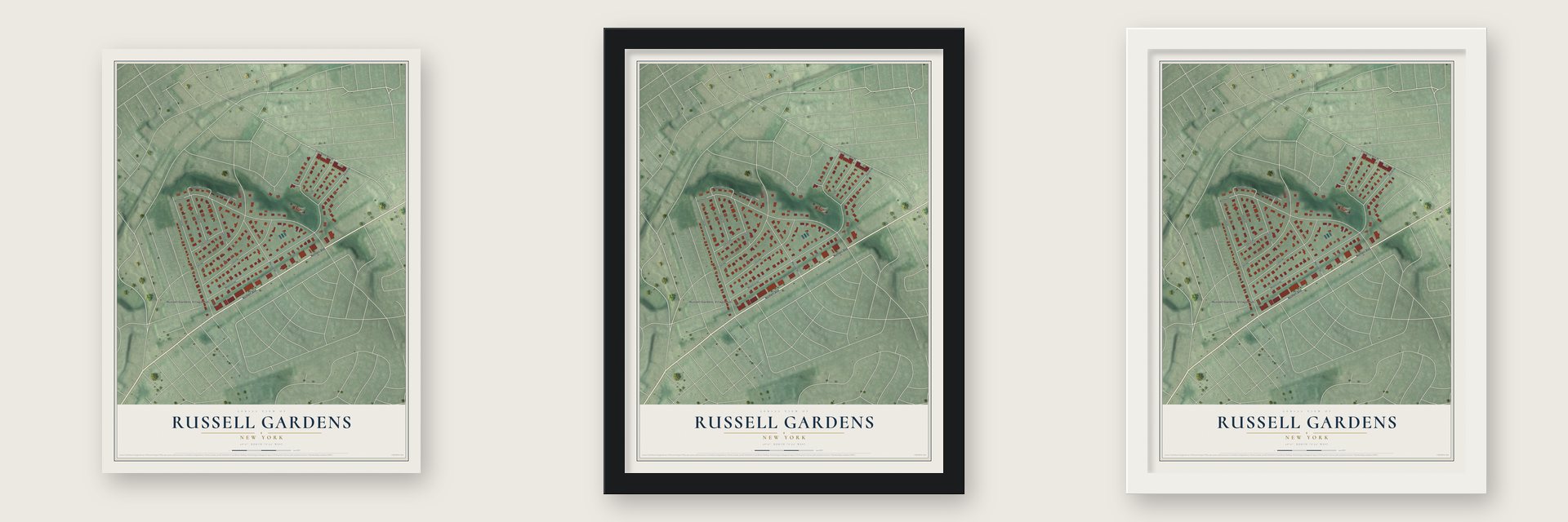 Russell Gardens, New York map unframed, in a black wood frame and in a white wood frame