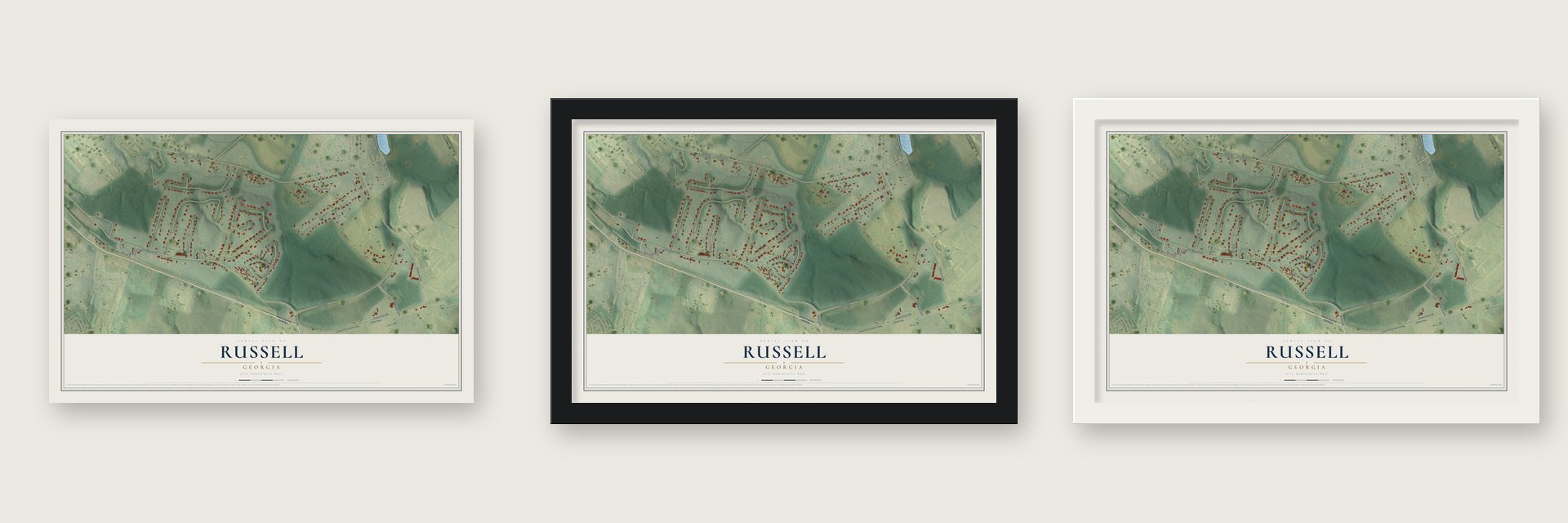 Russell, Georgia map unframed, in a black wood frame and in a white wood frame