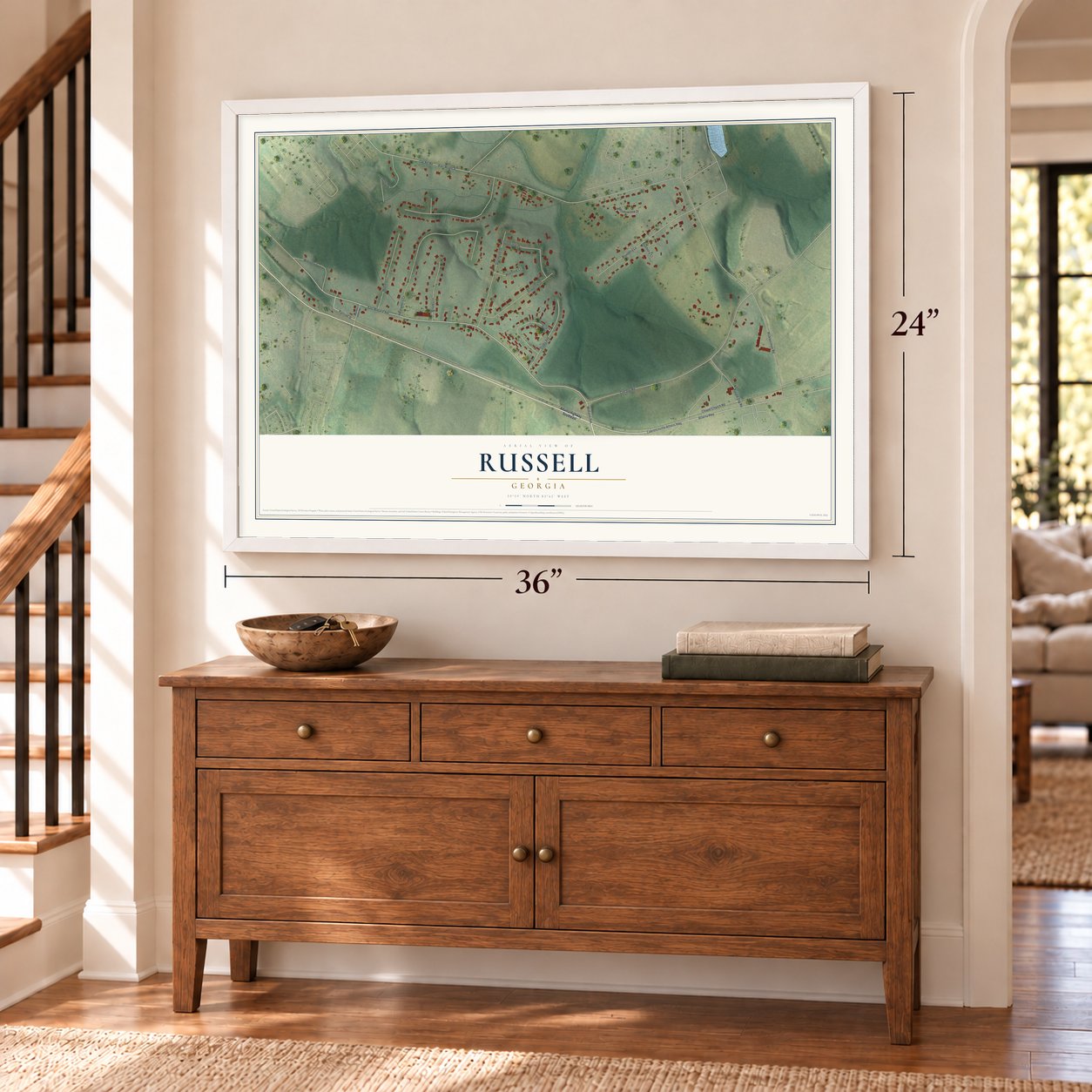 Russell, Georgia map, 24 x 36 inch print in a white frame above a dresser by a staircase