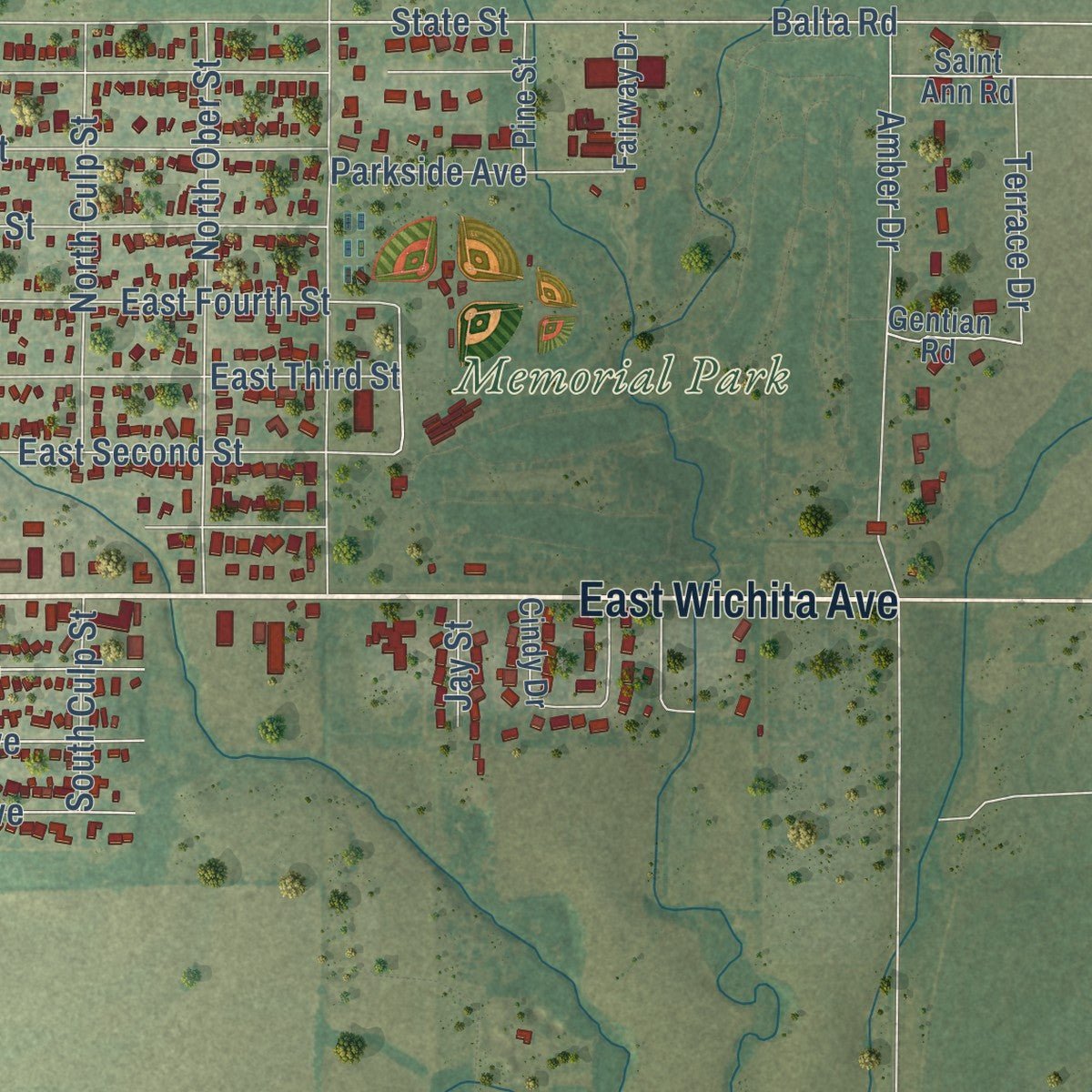 Second close-up of the map of Russell, Kansas print showing more streets and buildings
