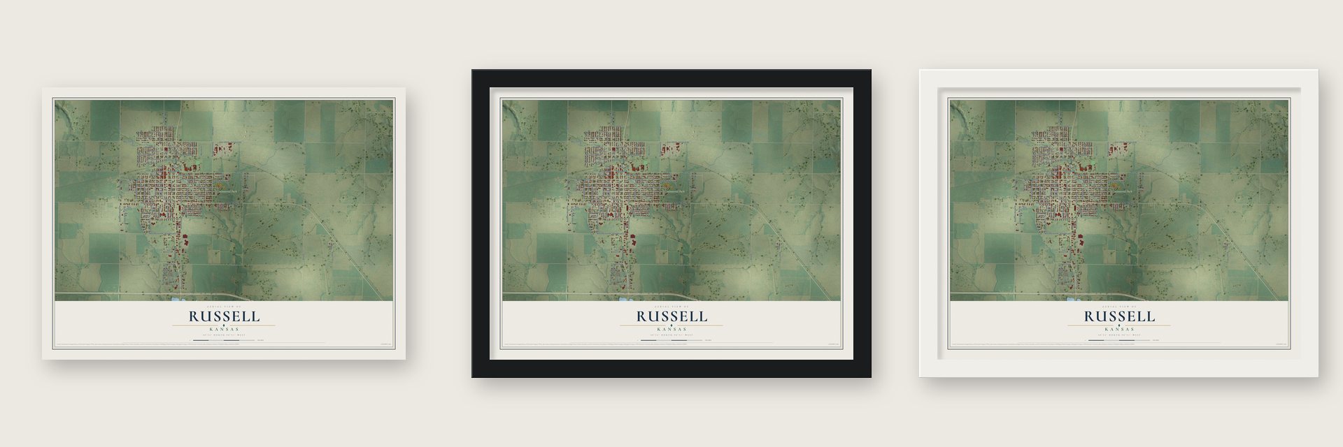 Russell, Kansas map unframed, in a black wood frame and in a white wood frame