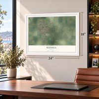 Russell, Kansas map, 18 x 24 inch print in a white frame in a home office