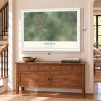 Russell, Kansas map, 24 x 36 inch print in a white frame above a dresser by a staircase