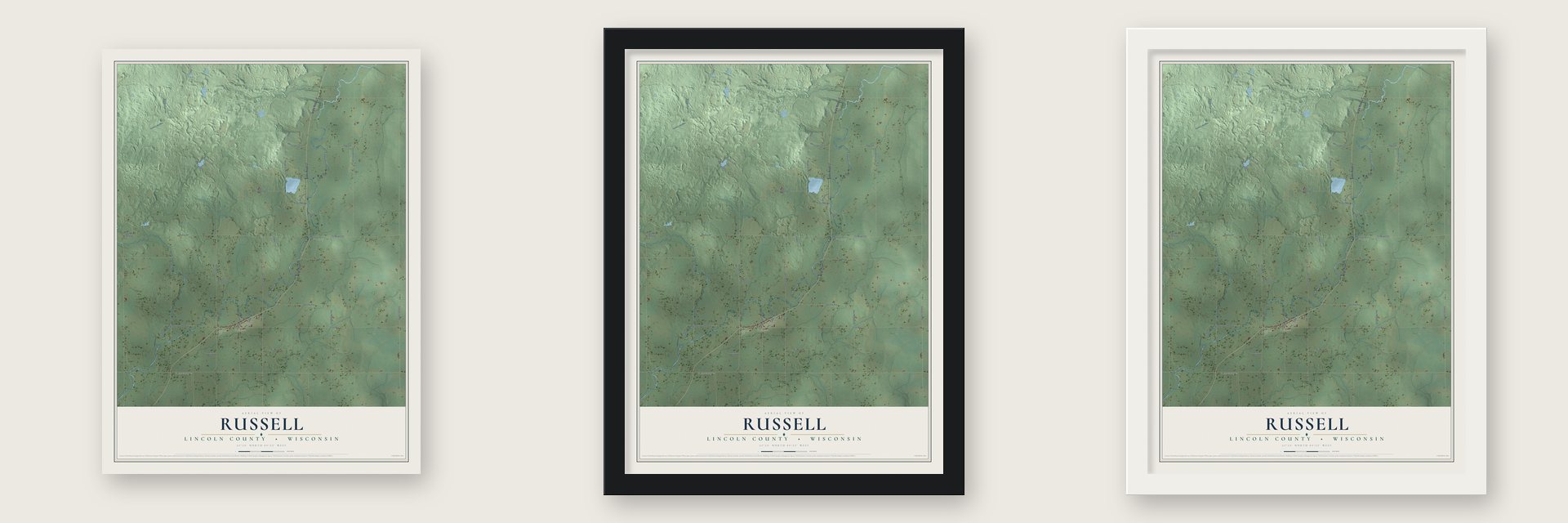 Russell, Lincoln County, Wisconsin map unframed, in a black wood frame and in a white wood frame