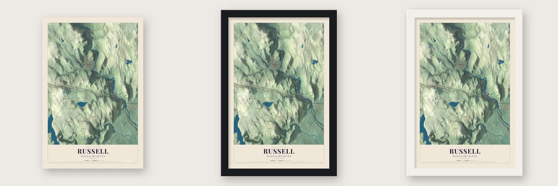 Russell, Massachusetts map unframed, in a black wood frame and in a white wood frame