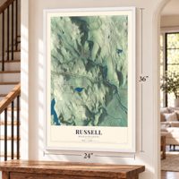 Russell, Massachusetts map, 24 x 36 inch print in a white frame by a staircase