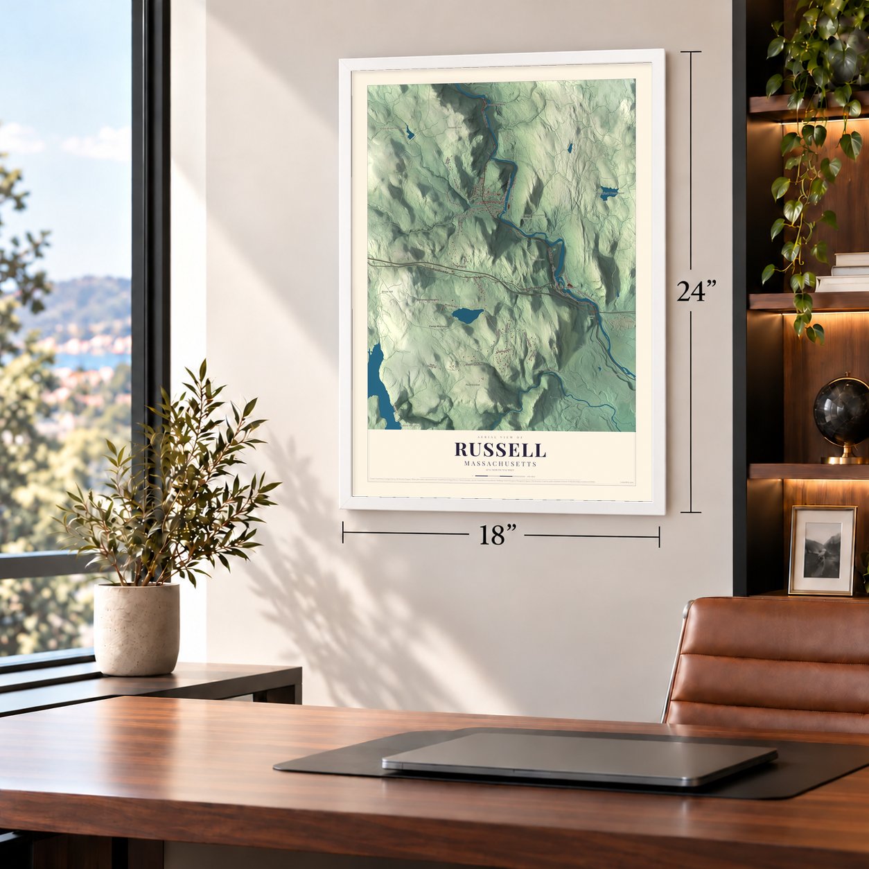 Russell, Massachusetts map, 18 x 24 inch print in a white frame in a home office