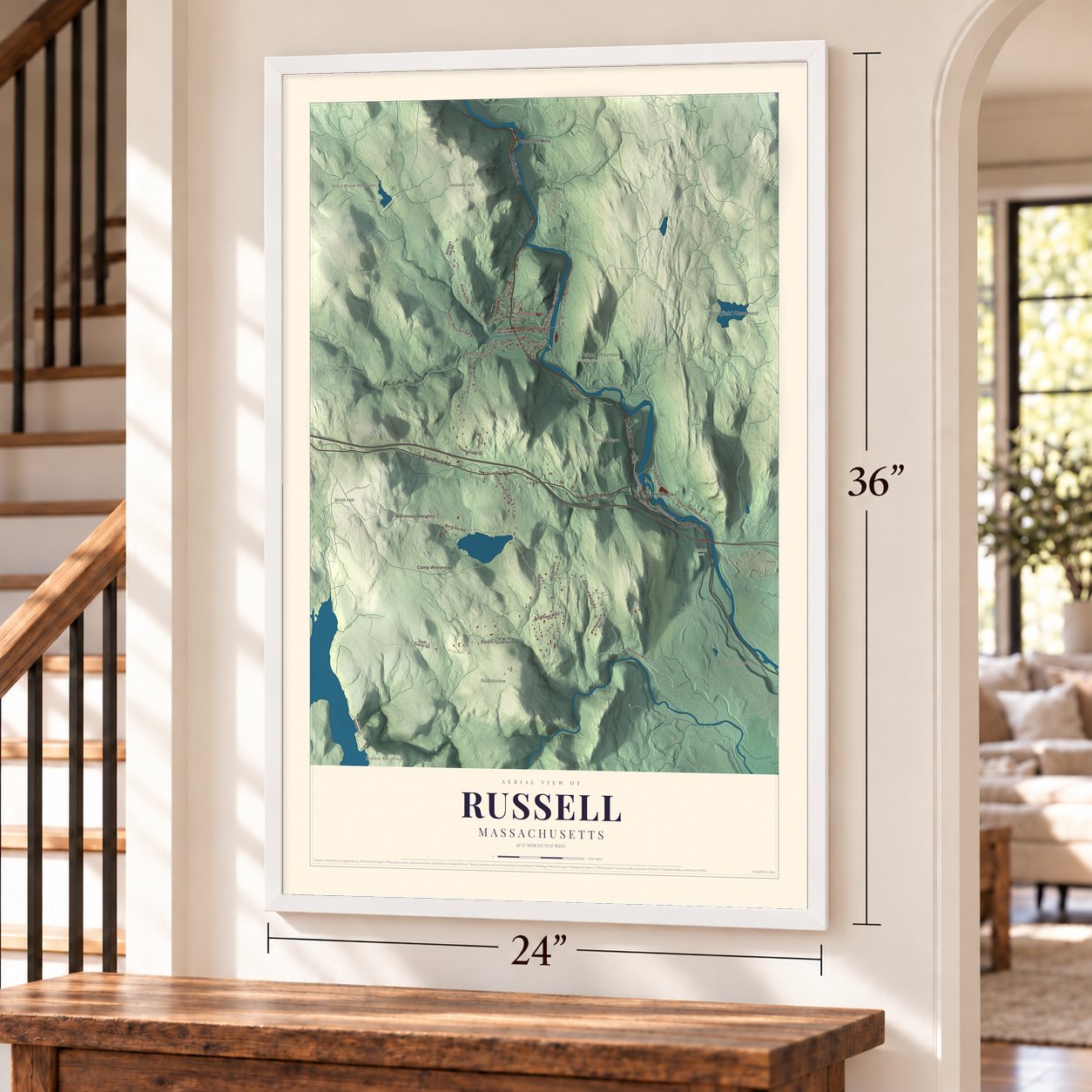 Russell, Massachusetts map, 24 x 36 inch print in a white frame by a staircase