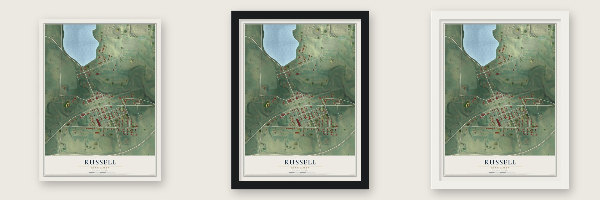 Russell, Minnesota map unframed, in a black wood frame and in a white wood frame
