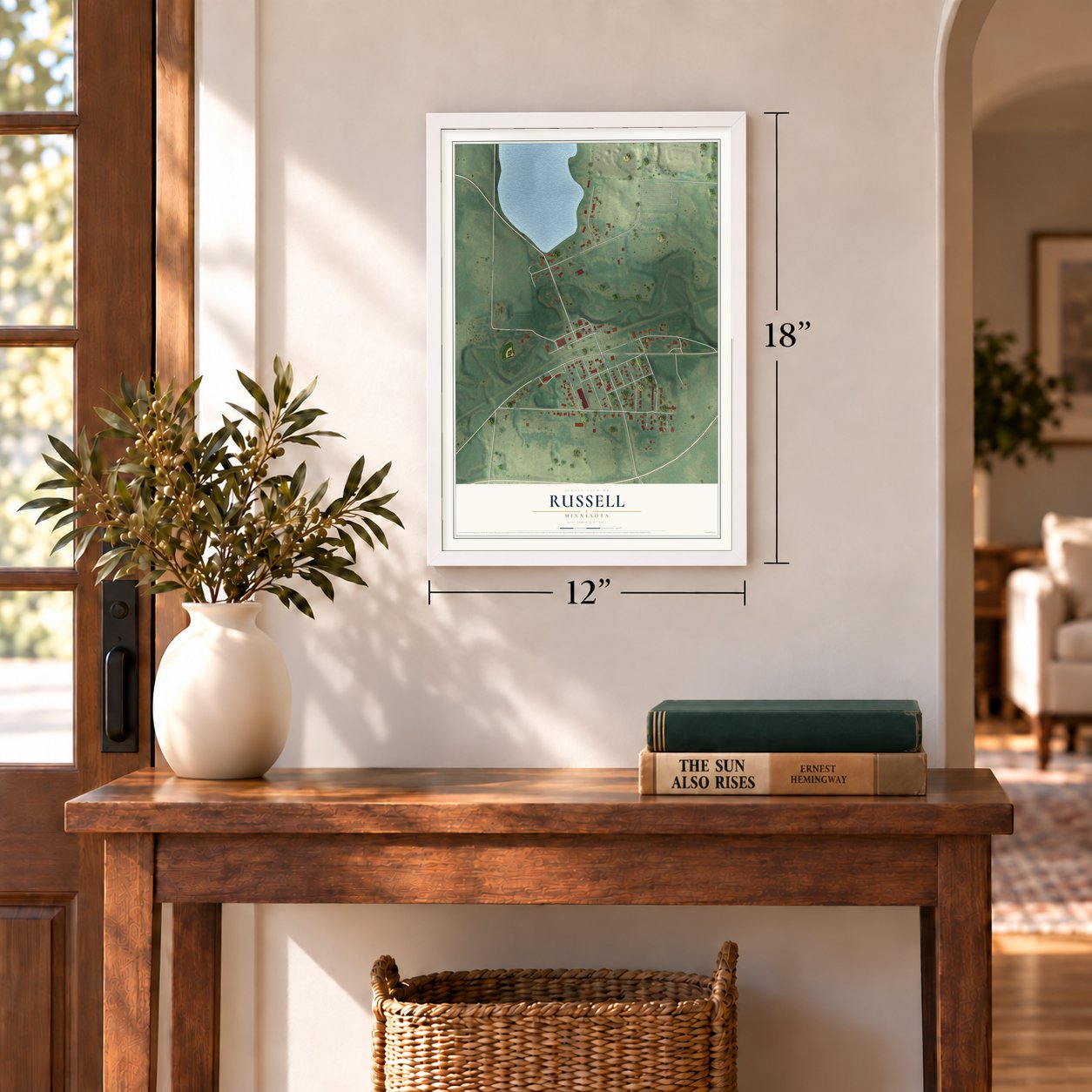 Russell, Minnesota map, 12 x 18 inch print in a white frame in an entryway