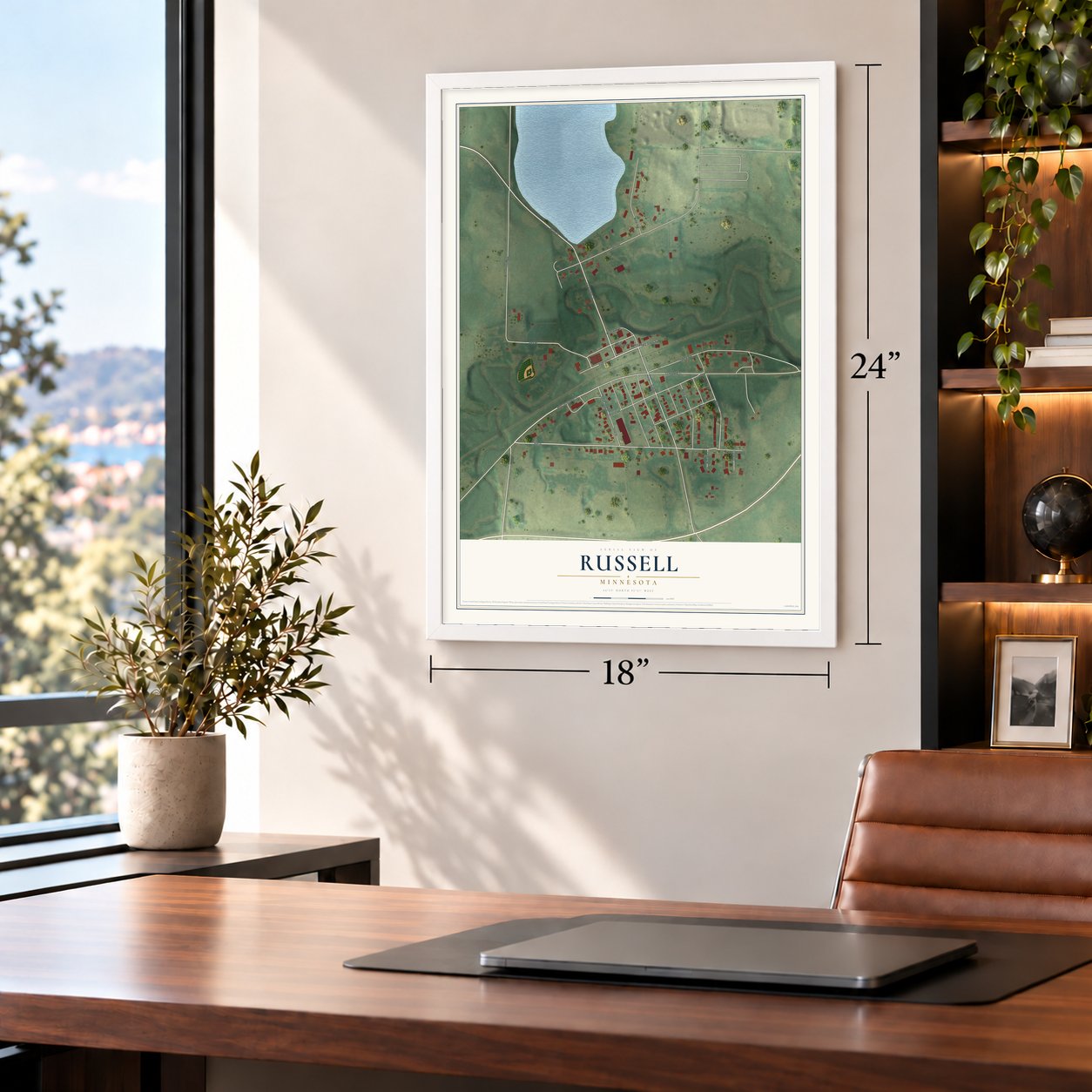 Russell, Minnesota map, 18 x 24 inch print in a white frame in a home office
