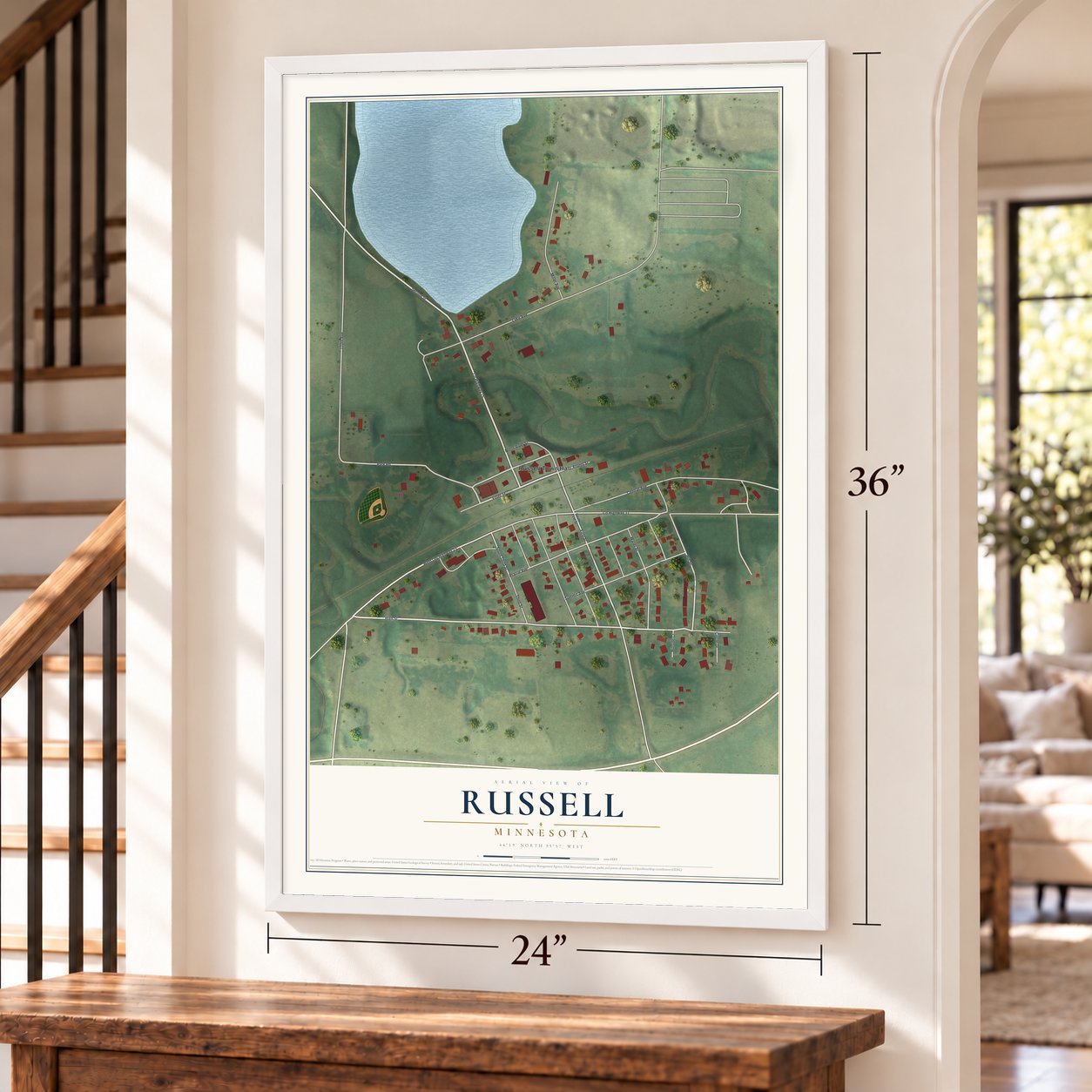 Russell, Minnesota map, 24 x 36 inch print in a white frame by a staircase