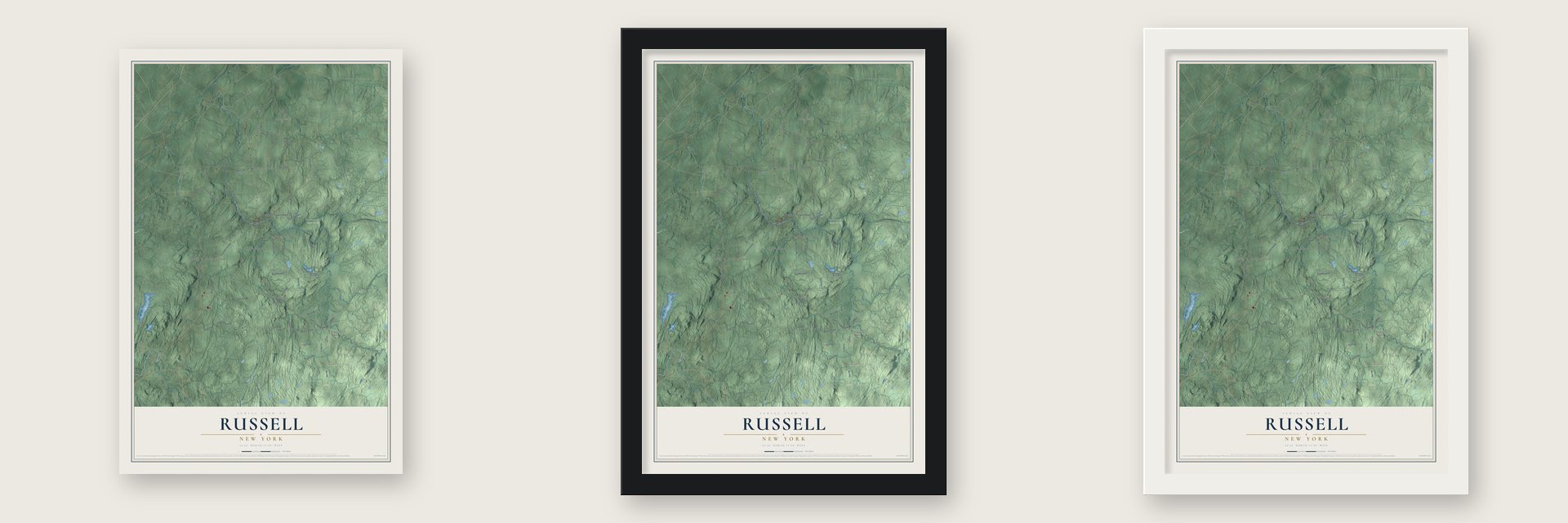 Russell, New York map unframed, in a black wood frame and in a white wood frame
