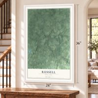 Russell, New York map, 24 x 36 inch print in a white frame by a staircase