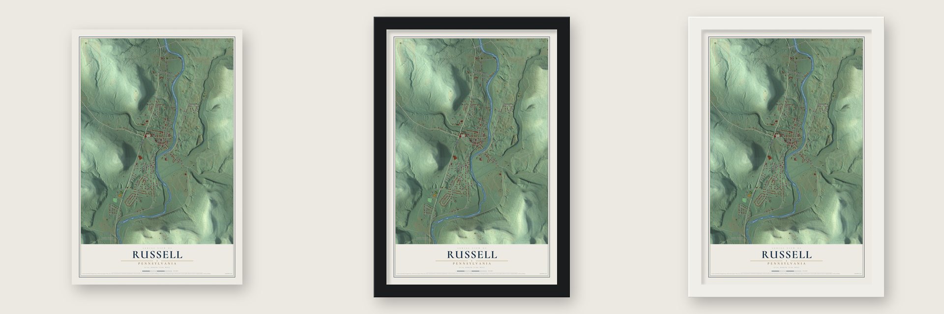 Russell, Pennsylvania map unframed, in a black wood frame and in a white wood frame
