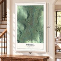 Russell, Pennsylvania map, 24 x 36 inch print in a white frame by a staircase