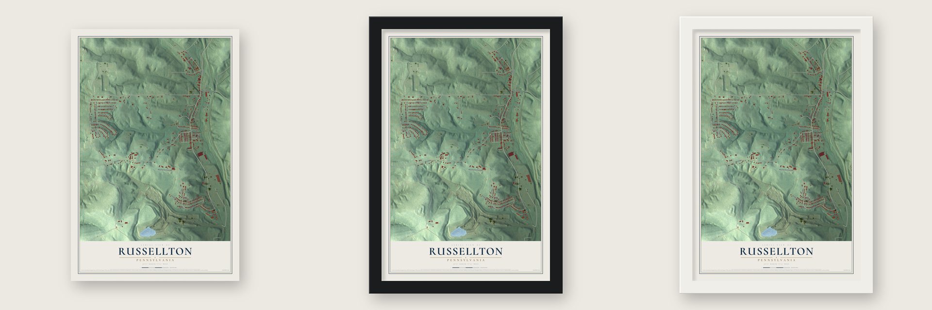 Russellton, Pennsylvania map unframed, in a black wood frame and in a white wood frame