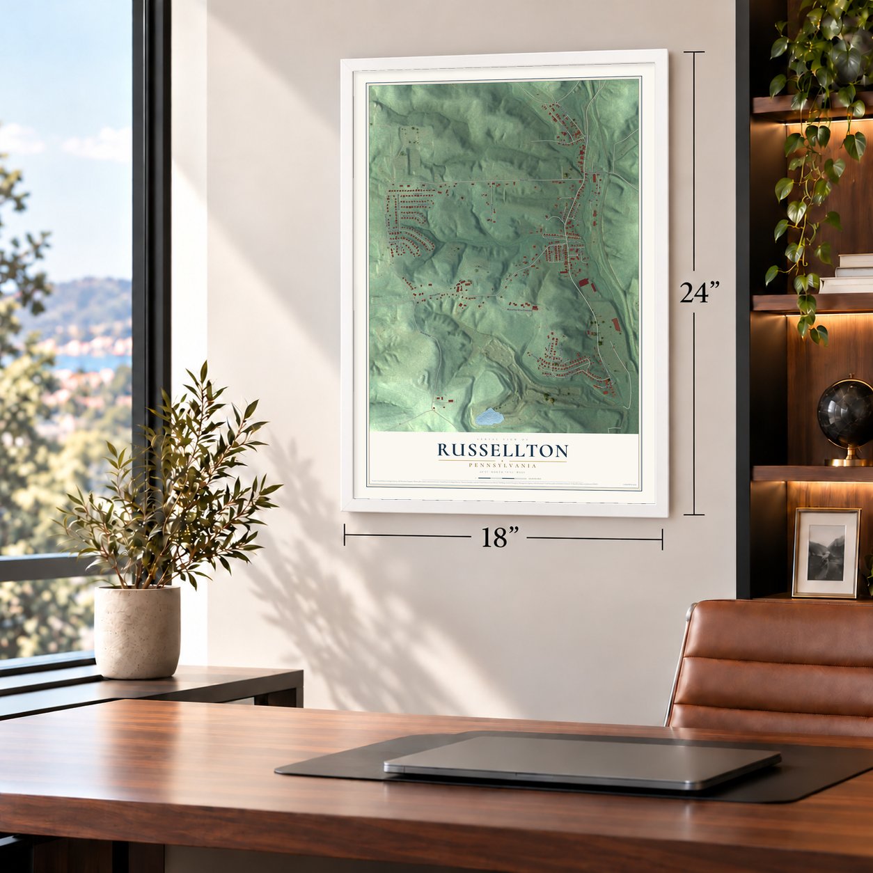 Russellton, Pennsylvania map, 18 x 24 inch print in a white frame in a home office