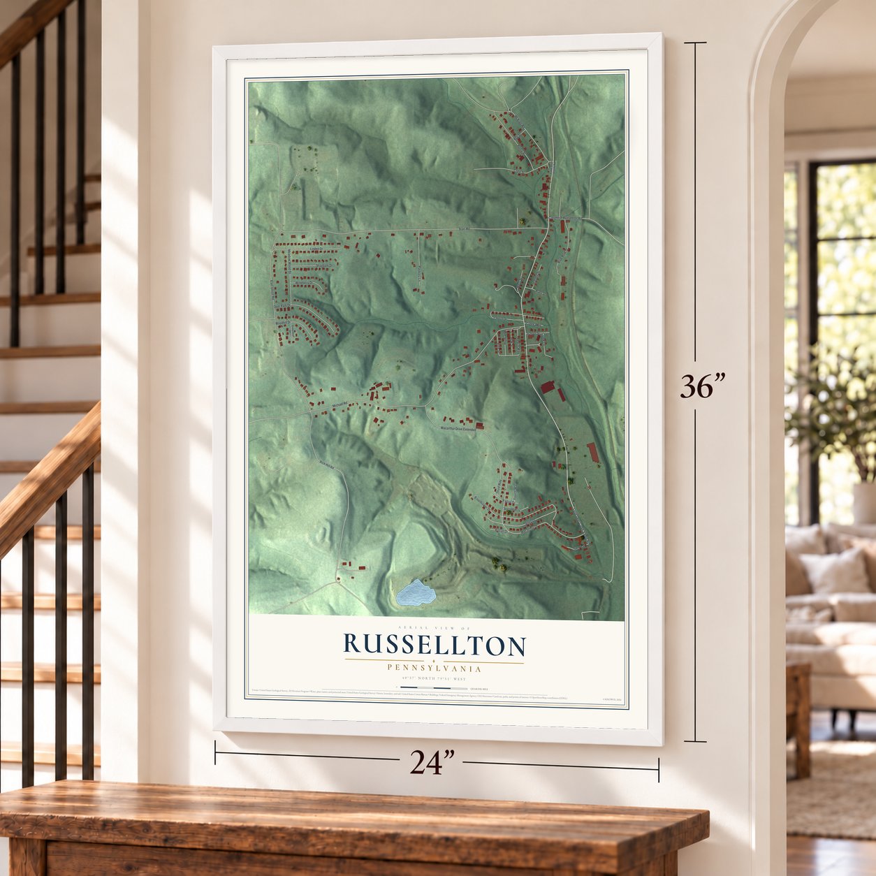 Russellton, Pennsylvania map, 24 x 36 inch print in a white frame by a staircase