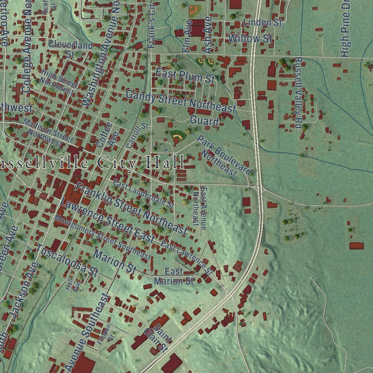 Second close-up of the map of Russellville, Alabama print showing more streets and buildings