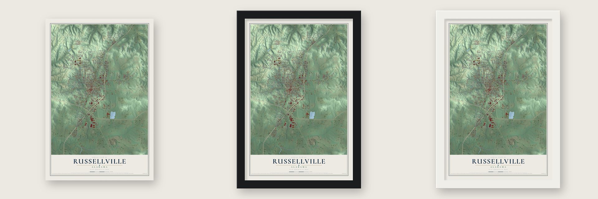Russellville, Alabama map unframed, in a black wood frame and in a white wood frame