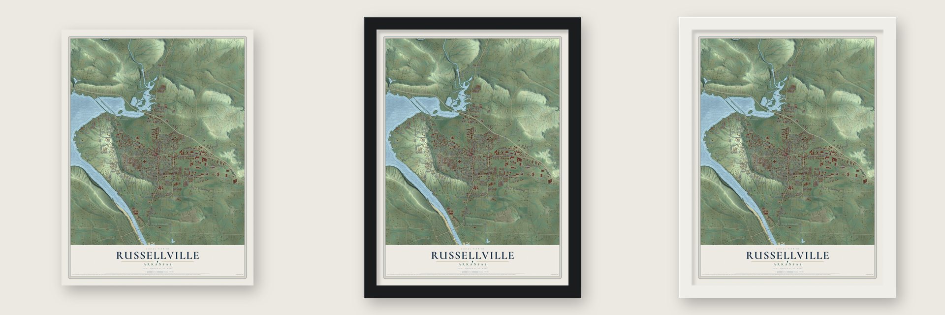 Russellville, Arkansas map unframed, in a black wood frame and in a white wood frame