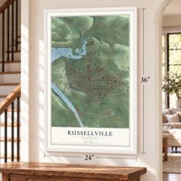 Russellville, Arkansas map, 24 x 36 inch print in a white frame by a staircase