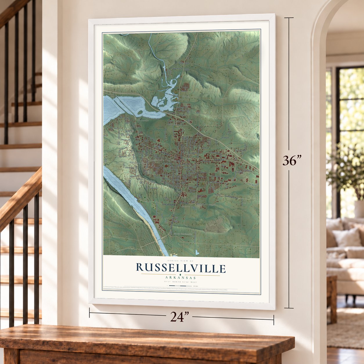 Russellville, Arkansas map, 24 x 36 inch print in a white frame by a staircase