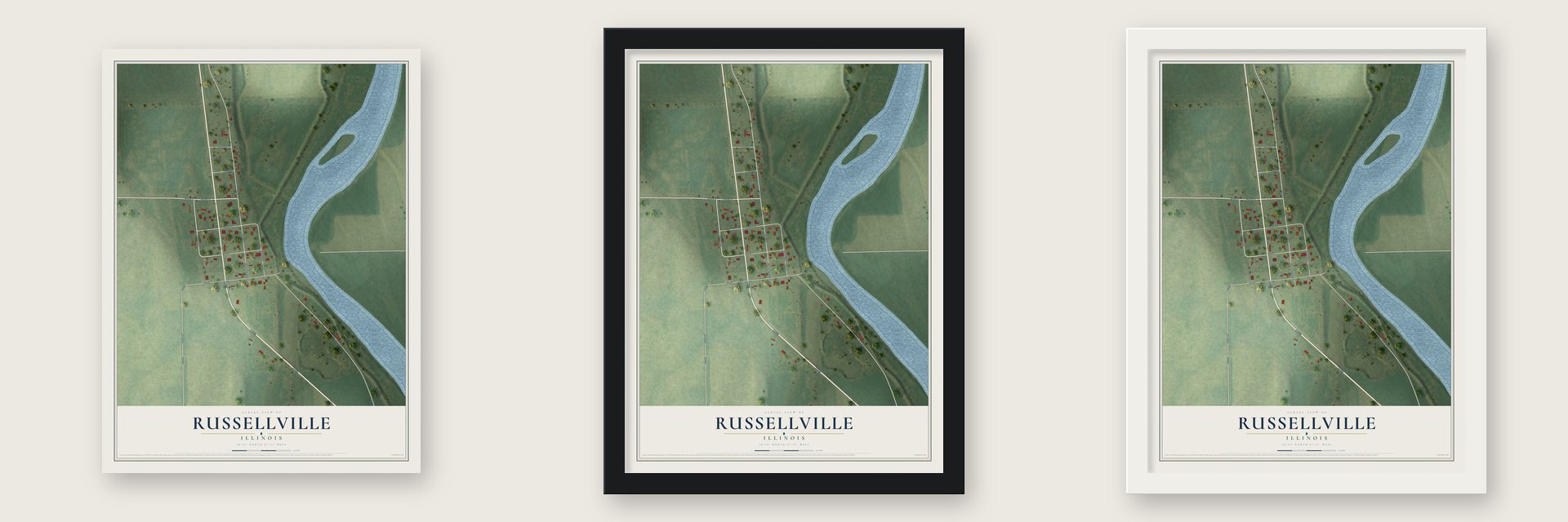 Russellville, Illinois map unframed, in a black wood frame and in a white wood frame