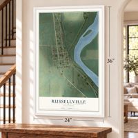 Russellville, Illinois map, 24 x 36 inch print in a white frame by a staircase