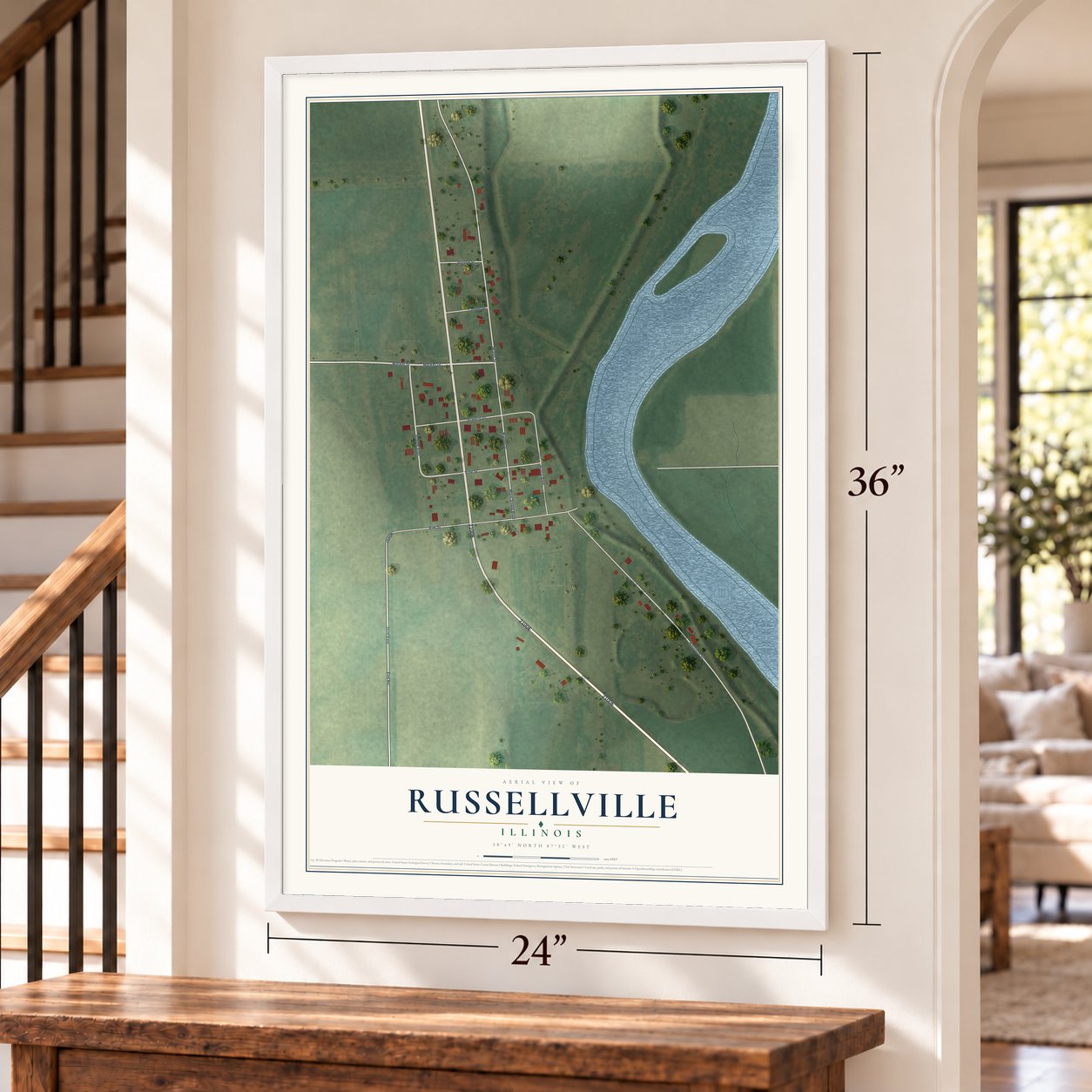 Russellville, Illinois map, 24 x 36 inch print in a white frame by a staircase