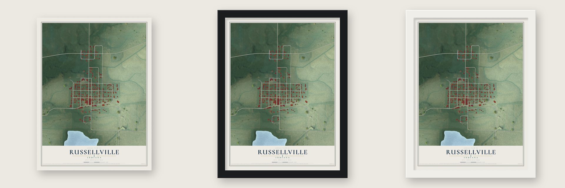 Russellville, Indiana map unframed, in a black wood frame and in a white wood frame