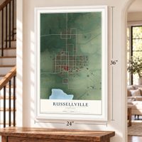 Russellville, Indiana map, 24 x 36 inch print in a white frame by a staircase
