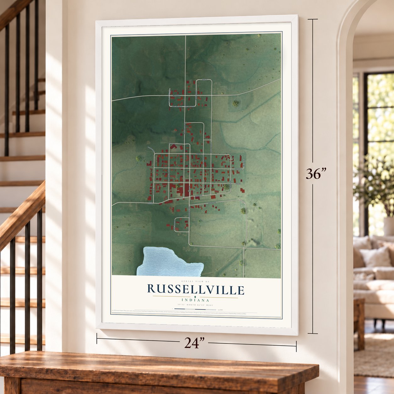 Russellville, Indiana map, 24 x 36 inch print in a white frame by a staircase