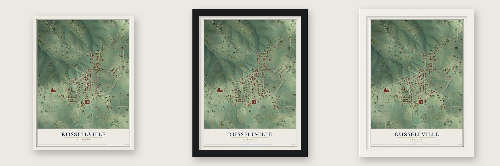 Russellville, Missouri map unframed, in a black wood frame and in a white wood frame