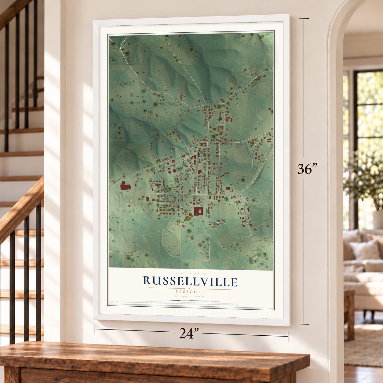 Russellville, Missouri map, 24 x 36 inch print in a white frame by a staircase