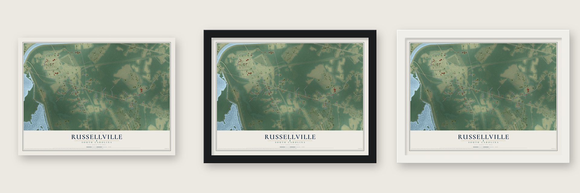 Russellville, South Carolina map unframed, in a black wood frame and in a white wood frame