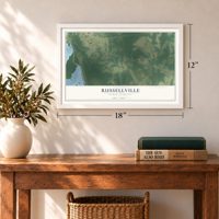 Russellville, South Carolina map, 12 x 18 inch print in a white frame in an entryway