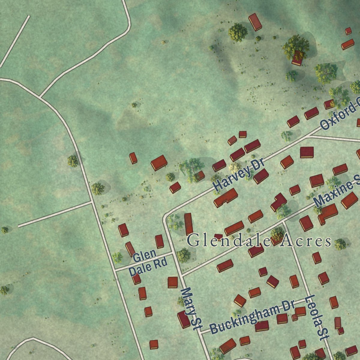 Second close-up of the map of Russellville, Tennessee print showing more streets and buildings