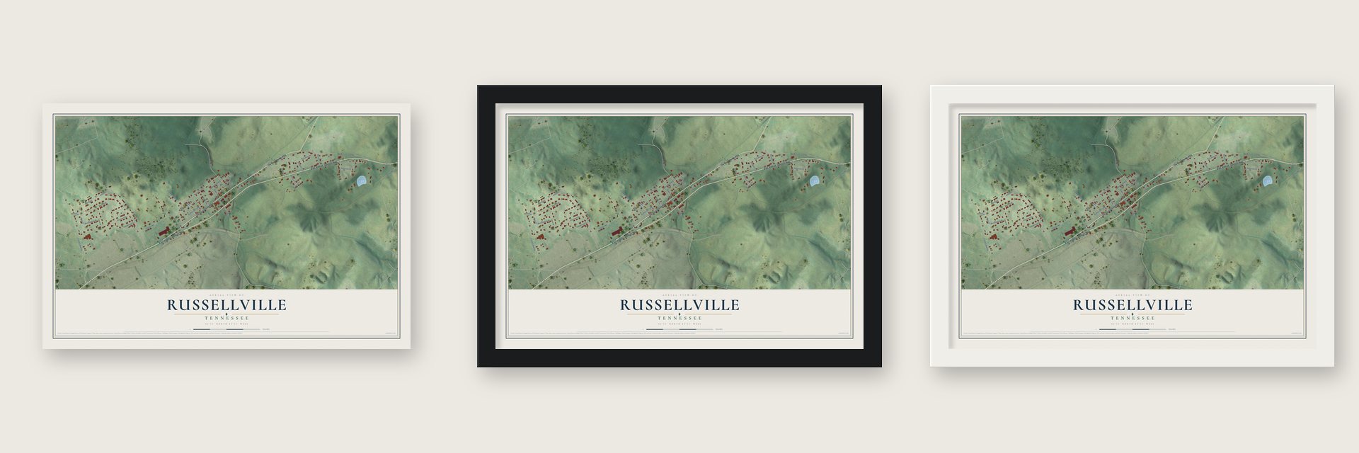 Russellville, Tennessee map unframed, in a black wood frame and in a white wood frame