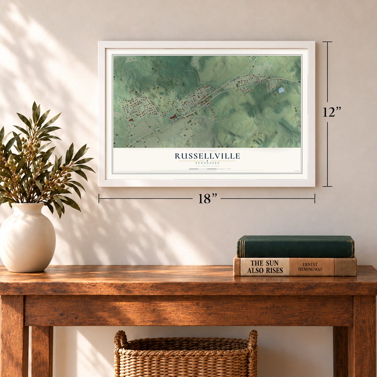 Russellville, Tennessee map, 12 x 18 inch print in a white frame in an entryway